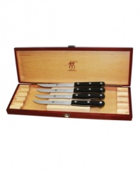 A striking setting. This steak knife collection sits pretty on your table with stainless steel ice-hardened blades, triple-riveted handles and stamped constructions-the ultimate combination to master your favorite cut of meat. Stores in an attractive presentation box. Lifetime warranty.