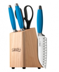 Crafted from stain- and rust-resistant Japanese stainless steel, each piece fits masterfully into the palm of your hand with a soft grip slip-resistant handle that is ergonomically designed and full of lively color. A striking natural wood knife block provides a safe and protective home for your precious tools. Limited lifetime warranty.