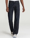 A hip downtown jean with a dark wash, constructed with a relaxed, straight leg for maximum comfort.