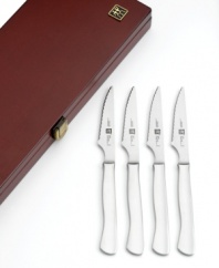 Stunning serrated stainless steel never dulls or needs sharpening bringing the best cut to the table each and every time. Balanced to fit comfortably in your hand for a precise slice, each knife fits into the beautifully crafted presentation box for easy storage and protection of your sharpest tools. Lifetime warranty.