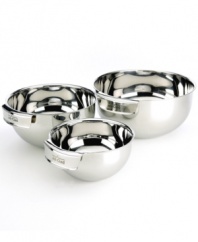 Mix, serve and store. This high-performance bowl set is constructed with durable stainless steel interiors and hand-polished, magnetic stainless-steel exteriors. Set includes 1.5, 3 and 5-quart bowls. Dishwasher safe.
