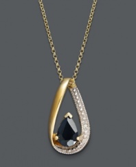 A single droplet of pure beauty. Victoria Townsend creates the perfect pendant for an elegant evening affair with a pear-cut sapphire (1 ct. t.w.) accented by an array of sparkling diamonds. Crafted in 18k gold over sterling silver. Approximate length: 18 inches. Approximate drop: 8/10 inch.