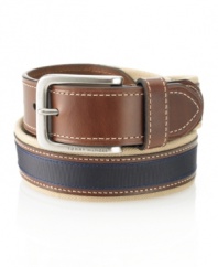 A perfect pick for weekend wear, this Tommy Hilfiger canvas belt with grosgrain ribbon is a preppy alternative to plain leather.