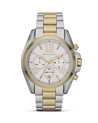 Tap this season's duo tone watch trend with this stainless steel bracelet from MICHAEL Michael Kors. It's chronograph movement is ever-practical while roman numeral indexes give this piece a distinctive stamp.