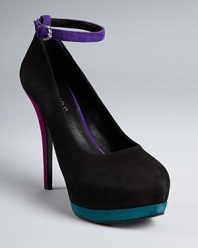 GUESS does the color block trend with the Prestyn platforms, boasting vibrant jewel tones against jet black suede.