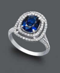 Class and sophistication come easy in this regal, Effy Collection style. An oval-shaped ring highlights a brilliant sapphire (1-9/10 ct. t.w.) surrounded by double rings of sparkling diamonds (1/3 ct. t.w.). Set in 14k white gold.