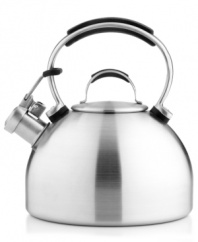 Perfect for posh gatherings, this sleek, stainless steel tea kettle is accented with a soft, silicone rubber handle in coordinating colors. When water comes to a boil, a harmonious whistle lets you know it's tea time. Hassle-free replacement warranty.