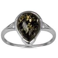 Baltic Green Color Amber Sterling Silver Oblong Stone Ring