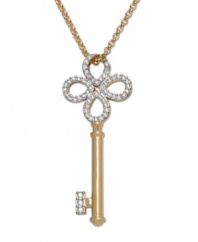 Who holds the key to your secrets? Add a touch of mystery and romance to your décolleté with this exquisite gold tone mixed metal pendant! The delicately crafted key sparkles in clear Swarovski crystals set in pavé. Approximate length: 27-1/2 inches. Approximate drop: 1-7/8 inches.