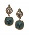 Beautiful briolette-cut colored crystals are adorned by ornate scroll disks with glittering crystal accents on these divine drop earrings from T Tahari. Set in antique gold tone mixed metal. Approximate drop: 1-1/2 inches.