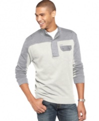Rock the contrast. This sweater from Marc Ecko Cut & Sew updates a favorite with bold blocking.