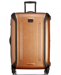 This hardside packing case offers durability you can depend on with a triple-layer polycarbonate shell and molded protective bumpers that keep your belongings secure and safe. Zipping open to a removable garment sleeve, zip pockets and a dividing curtain with tie-down straps, this suitcase compartmentalizes your life when you're on the go. 5-year limited warranty.