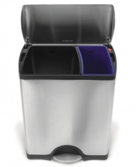 Environmentally sound. Exceptionally stylish. This stainless steel trash can from simplehuman utilizes a smart two bucket design, hiding two color-coded bins underneath its quiet-close lid to help you sort trash and recyclables with ease. 10-year warranty.