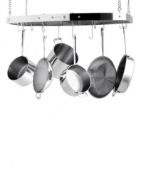 Hung up on kitchen clutter? Clean up the kitchen with a solid stainless steel rack that uses magnetic hooks that stay firmly in place when removing and replacing pots and pans for easy prep and cleanup. Including 8 short and 4 long hooks, this rack lets you decide the placement of hooks for a kitchen catered to your needs. Lifetime warranty.