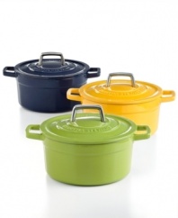 Your go-to for getting it done right in the kitchen, this versatile round dish is perfect for baking casseroles, browning meats and much, much more. The heavy-duty construction distributes heat evenly, locking moisture in to slow-cooked stews and braised roasts. From prep to presentation, this attractive enameled cast iron pot goes with ease, featuring generously sized handles for a secure, confident grip. Lifetime warranty.