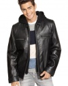Guess Mens Hooded Leather Motorcycle Black Jacket Large L Euro 52 Lambskin