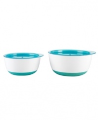 The perfect feeding companion for your little one. The weighted non-slip base keeps meals and snacks where they belong-in the bowl. Minimizing spills and messes, this large and small bowl set has a nesting design for compact storage and secure lids that make storing and transporting food effortless. Lifetime warranty.