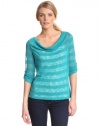 AGB Women's Scoop Neck Novelty Top with Three Quarter Sleeve, Teal, X-Large