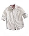 GUESS Kids Big Boy Long-Sleeve Solid Shirt with Print Trim, OFF WHITE (16/18)