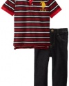 U.S. Polo Assn. Boys 2-7 Short Sleeve Striped Polo with Five Pocket Denim Pant, Engine Red, 4T