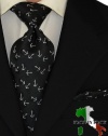 Berioni Made Italy Woven Silk Mens Jacquard Woven Tie Hanky Set D2 Black White