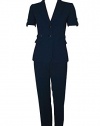Tahari by ASL Doreen Pinstripe Short Sleeve Jacket & Pants Suit Navy White