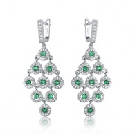 C.Z. Sterling Silver Rhodium Plated Round Emerald Chandelier Earrings