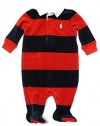 Ralph Lauren Baby Boys Velour Footed Coverall Bodysuit Footies Pajamas (3 Months, Red / Navy / White Pony)
