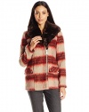Kenneth Cole Women's Wool Coat with Faux Fur Collar, Brown/Orange Plaid, Large