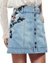 Youtobin Women's Light Blue Slim Button Down Embroidered A-line Mini Denim Skirt