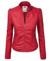 MBJ Womens Faux Leather Zip Up Moto Biker Jacket With Stitching Detail