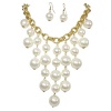 Cascading Simulated Pearl Beaded Gold Tone Statement Necklace Earring Set