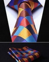 Dan Smatree Orange Blue Brown Check 3.4'' Silk Jacquard Woven Men Tie Necktie