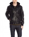 GUESS Men's Faux Leather Hooded Stand Collar Jacket
