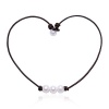 White Pearl Choker Necklace with Three Beads on Genuine Leather Jewelry for Women