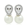 Bishilin Gold Plated Womens Stud Earring White CZ Oval Halo Pearl Earrings