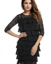 Women's Lace Tiered Dresses Medium Sleeve Bodycon Cocktail Party Multi Tiered Skirts Pencil Dress