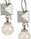Majorica 8 mm White Round Pearl and Silver Pyramid Stud On Rhodium Plated Steel French Wire Drop Earrings