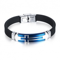 [M.JVisun] Cross Silicone Sport Wristband Bangle Bracelet Stainless Steel Design, Black / Blue, 7.87 inch (Blue)